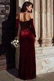 Burgundy Sheath Cold Shoulder Velvet Long Bridesmaid Dress with Sleeves