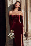 Burgundy Sheath Cold Shoulder Velvet Long Bridesmaid Dress with Sleeves