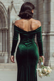 Pine Green Mermaid Off the Shoulder Velvet Long Bridesmaid Dress with Slit
