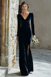 Navy V-Neck Velvet Long Sleeves Mermaid Maxi Bridesmaid Dress with Slit