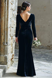 Navy V-Neck Velvet Long Sleeves Mermaid Maxi Bridesmaid Dress with Slit