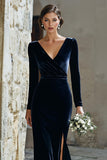 Navy V-Neck Velvet Long Sleeves Mermaid Maxi Bridesmaid Dress with Slit
