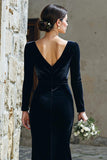 Navy V-Neck Velvet Long Sleeves Mermaid Maxi Bridesmaid Dress with Slit