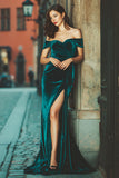 Peacock Green Velvet Off the Shoulder Mermaid Maxi Bridesmaid Dress with Slit