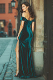 Peacock Green Velvet Off the Shoulder Mermaid Maxi Bridesmaid Dress with Slit