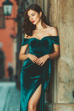 Peacock Green Velvet Off the Shoulder Mermaid Maxi Bridesmaid Dress with Slit