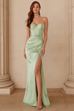 Dusty Sage Mermaid Sweetheart Satin Long Bridesmaid Dress with Slit