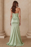 Dusty Sage Mermaid Sweetheart Satin Long Bridesmaid Dress with Slit