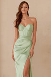 Dusty Sage Mermaid Sweetheart Satin Long Bridesmaid Dress with Slit