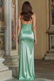 Mint Green Satin Mermaid Ruched Sweetheart Long Bridesmaid Dress with Slit