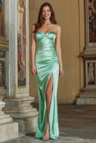 Mint Green Satin Mermaid Ruched Sweetheart Long Bridesmaid Dress with Slit