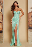 Mint Green Sweetheart Satin Corset Mermaid Maxi Bridesmaid Dress with Slit