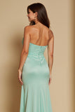 Mint Green Sweetheart Satin Corset Mermaid Maxi Bridesmaid Dress with Slit