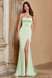 Dusty Sage Halter Mermaid Satin Long Bridesmaid Dress with Slit