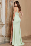 Dusty Sage Halter Mermaid Satin Long Bridesmaid Dress with Slit