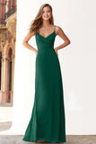 Dark Green Chiffon Spaghetti Straps A-Line Long Bridesmaid Dress