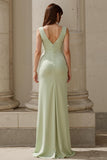 Dusty Sage Satin Square Neck Mermaid Maxi Bridesmaid Dress with Slit