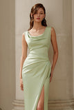 Dusty Sage Satin Square Neck Mermaid Maxi Bridesmaid Dress with Slit