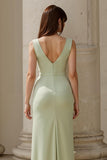 Dusty Sage Satin Square Neck Mermaid Maxi Bridesmaid Dress with Slit