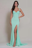 Mint Green Mermaid Spaghetti Straps Long Bridesmaid Dress with Slit