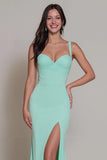 Mint Green Mermaid Spaghetti Straps Long Bridesmaid Dress with Slit