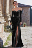 Navy Mermaid Off the Shoulder Velvet Maxi Bridesmaid Dress with Slit