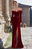 Navy Mermaid Off the Shoulder Velvet Maxi Bridesmaid Dress with Slit