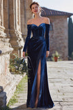 Navy Mermaid Off the Shoulder Velvet Maxi Bridesmaid Dress with Slit