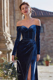 Navy Mermaid Off the Shoulder Velvet Maxi Bridesmaid Dress with Slit