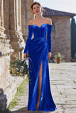 Navy Mermaid Off the Shoulder Velvet Maxi Bridesmaid Dress with Slit