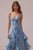Dusty Blue Chiffon Spaghetti Straps A-Line Long Bridesmaid Dress with Ruffles