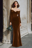 Dark Blue Velvet Off the Shoulder Long Sleeves Mermaid Bridesmaid Dress with Slit