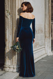 Dark Blue Velvet Off the Shoulder Long Sleeves Mermaid Bridesmaid Dress with Slit