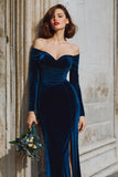 Dark Blue Velvet Off the Shoulder Long Sleeves Mermaid Bridesmaid Dress with Slit