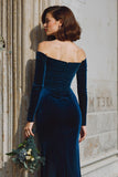 Dark Blue Velvet Off the Shoulder Long Sleeves Mermaid Bridesmaid Dress with Slit