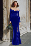 Dark Blue Velvet Off the Shoulder Long Sleeves Mermaid Bridesmaid Dress with Slit