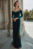 Dark Green Off the Shoulder Velvet Mermaid Maxi Bridesmaid Dress with Slit