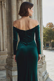 Dark Green Off the Shoulder Velvet Mermaid Maxi Bridesmaid Dress with Slit