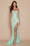 Mint Green Mermaid Spaghetti Straps Satin Maxi Bridesmaid Dress with Slit