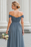 Twilight Blue A-Line Off the Shoulder Chiffon Maxi Bridesmaid Dress with Slit