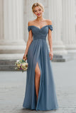 Twilight Blue A-Line Off the Shoulder Chiffon Maxi Bridesmaid Dress with Slit