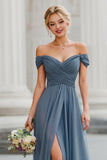 Twilight Blue A-Line Off the Shoulder Chiffon Maxi Bridesmaid Dress with Slit