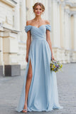 Sky Blue A-Line Off the Shoulder Chiffon Long Bridesmaid Dress with Slit