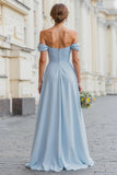 Sky Blue A-Line Off the Shoulder Chiffon Long Bridesmaid Dress with Slit