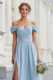 Sky Blue A-Line Off the Shoulder Chiffon Long Bridesmaid Dress with Slit