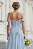 Sky Blue A-Line Off the Shoulder Chiffon Long Bridesmaid Dress with Slit