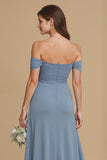 Twilight Blue Chiffon A-Line Off the Shoulder Long Bridesmaid Dress with Slit