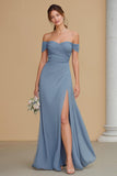 Twilight Blue Chiffon A-Line Off the Shoulder Long Bridesmaid Dress with Slit