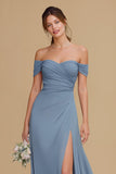 Twilight Blue Chiffon A-Line Off the Shoulder Long Bridesmaid Dress with Slit