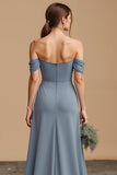 Twilight Blue Off the Shoulder Chiffon A-Line Maxi Bridesmaid Dress with Slit